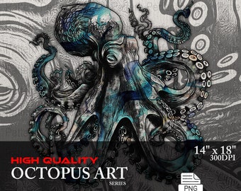 Octopus Art Print, Nautical Ocean Creature, Digital Download, Wall Decor, Vintage Sea Life Illustration, Beach House Artwork