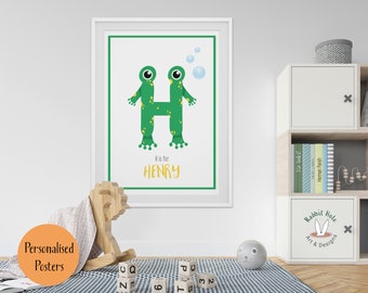 Baby Name Print, Personalised Name Poster, Frog Print, Letter H Poster, Personalised Baby Gifts, Name Initial Prints