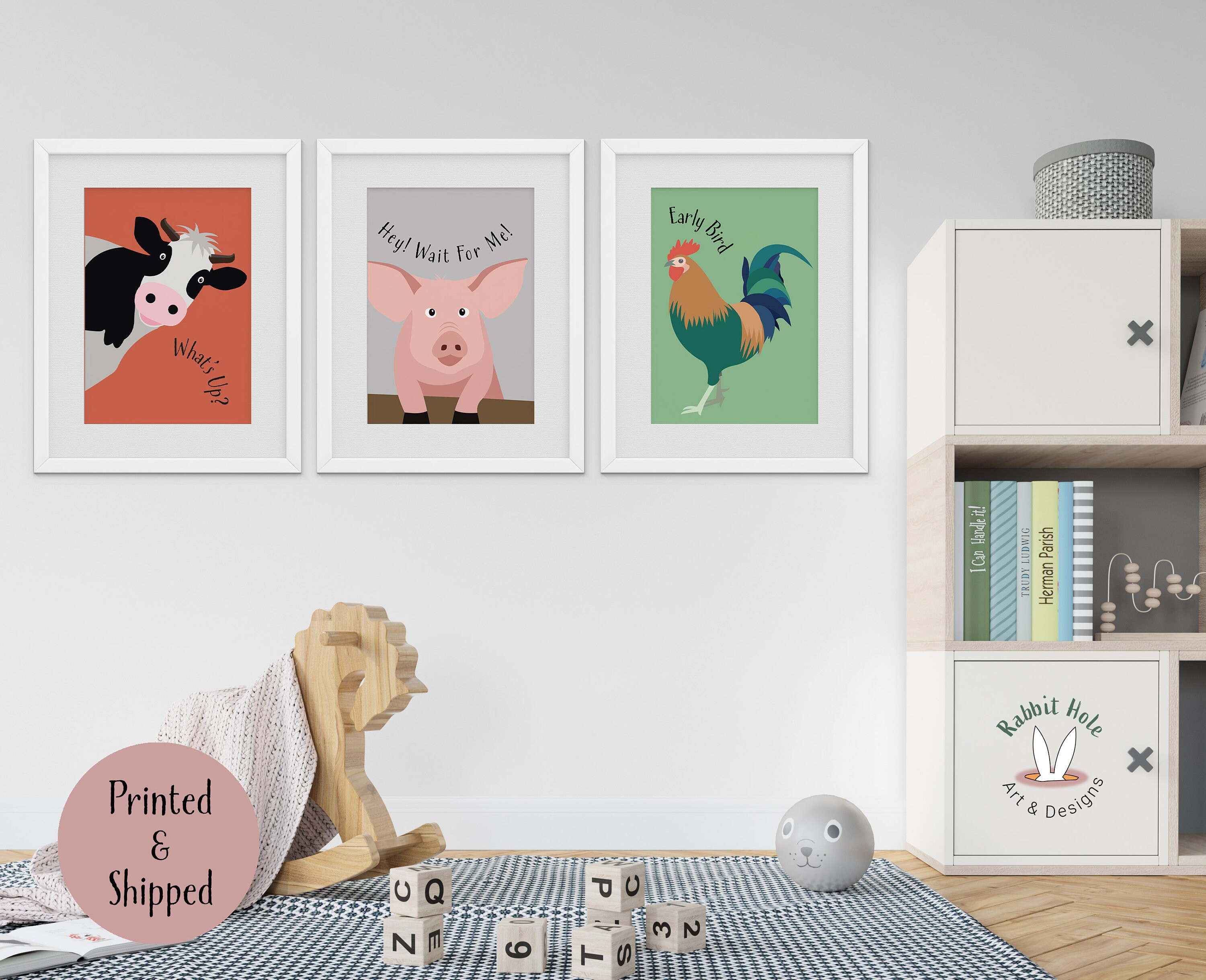 Set of 3 Farm Animal Posters, Funny Nursery Wall Art, Cow Poster, Pig