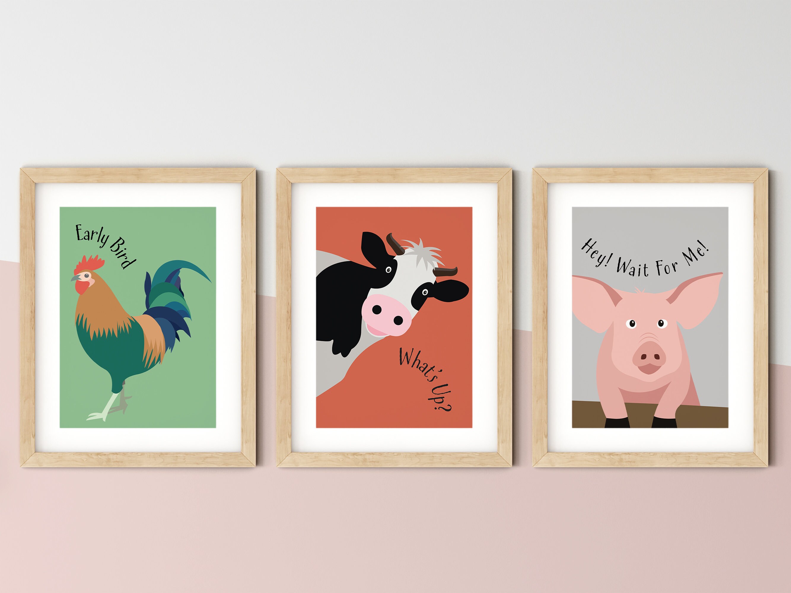 Set of 3 Farm Animal Posters, Funny Nursery Wall Art, Cow Poster, Pig