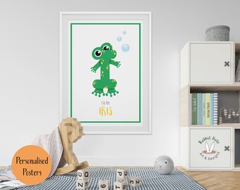 Baby Name Print, Personalised Name Poster, Frog Print, Letter I Poster, Personalised Baby Gifts, Name Initial Prints