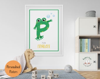 Personalised Name Print, Nursery Wall Art, Frog Wall Art, Letter P Print, Initial Baby Prints, Personalised Nursery Decor