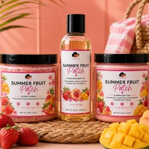 Summer Fruit Patch Glow Bundle | Body Butter, Sugar Scrub & Hydrating Body Oil Set | Strawberry Peach Mango Skincare Collection