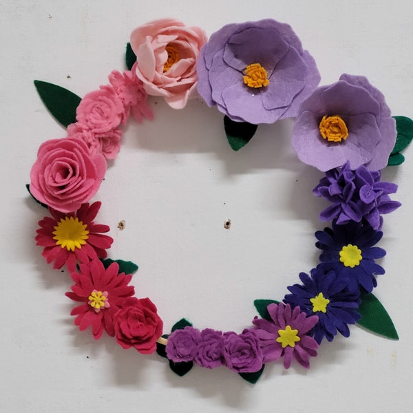 Ombre felt floral wreath in shades of pink and purple