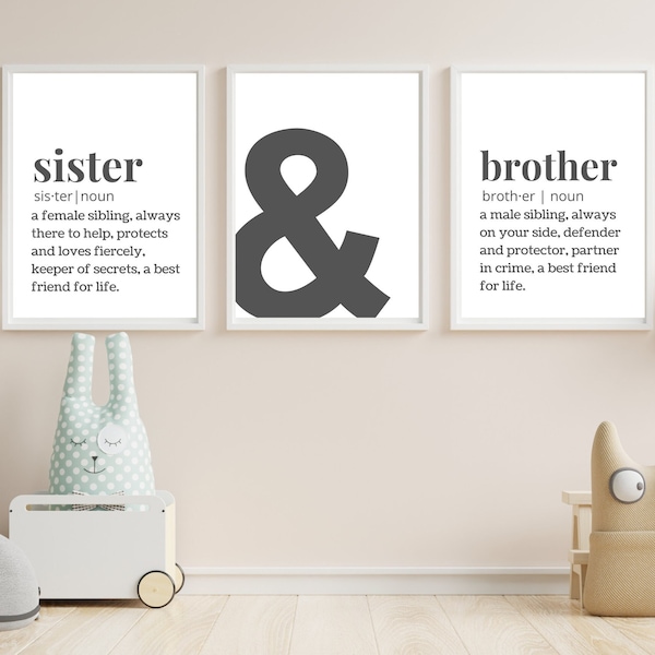 Sister & Brother Definitions in Gray. Set of 3 printables - Playroom Wall Decor - Sibling nouns