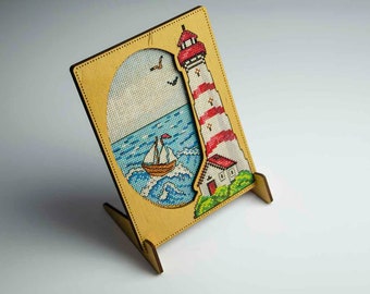 Kit for Embroidery with Thread, Lighthouse Home Decor, Nautical Cross Stitch on Plywood