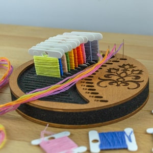 Custom Embroidery Storage for Floss Plastic Bobbins and Foam Needle Keeper, Wooden Floss Organiser for Cross Stitch, Needlework Gift