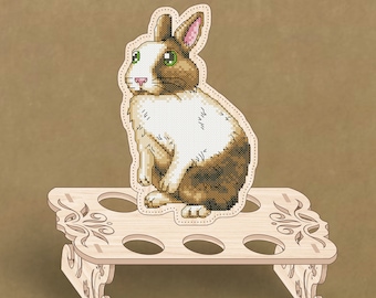 Cross Stitch Bunny DIY Kit with Stand, Embroidery on Plywood, Rabbit Sewing Set, Momy Gift