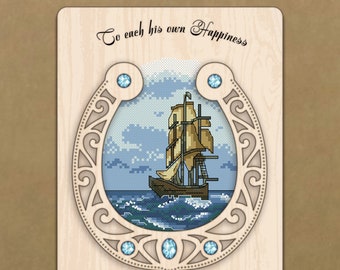 Sailing Ship Cross Stitch Kit for Luck, Nautical Embroidery Pattern, DIY Needlepoint Set, Coastal Decor Gift, Gift for Stitchers