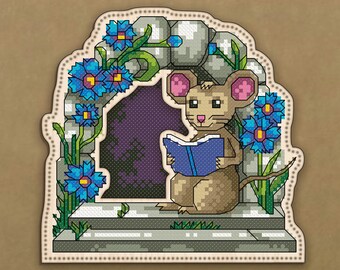 Reading Mouse Cross Stitch Kit with Threads, Plywood Embroidery, Book Lover Gift, DIY Needlework Gift