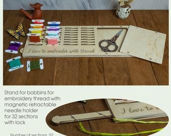 Bobbin Organizer with Magnetic Needle Minder – 32 Section Wood Floss & Craft Organizer | Sewing Tool for Cross Stitch Projects