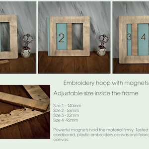May include: Wooden embroidery hoop with magnets, adjustable size. The frame is light brown with a teal blue background. The text on the image says "Embroidery hoop with magnets" and "Adjustable size inside the frame".