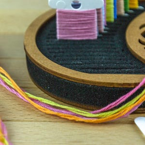 May include: Close-up of colorful embroidery floss in pink, yellow, and orange. The floss is next to a wooden thread organizer with a black interior and a brown wooden rim. The background is a light wooden surface.