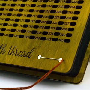 May include: Wooden thread organizer with a grid of numbered holes for thread storage. The wood has a golden hue, and the numbers are black. A needle and orange thread are visible, threaded through the organizer.