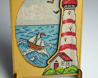 Lighthouse Cross Stitch Kit with Stand, Embroidery Kit For Adults, DIY Needlework Project, Coastal Decor Craft