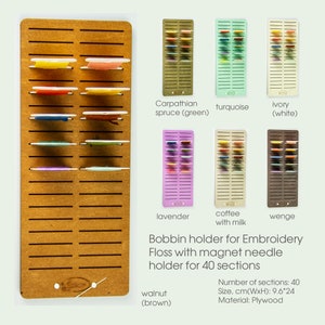 May include: A wooden bobbin holder for embroidery floss with magnet needle holders. It has 40 sections and is available in 10 different colors: walnut (brown), Carpathian spruce (green), turquoise, ivory (white), lavender, coffee with milk, wenge, and more. The holder measures 9.6 inches by 24 inches and is made of plywood.