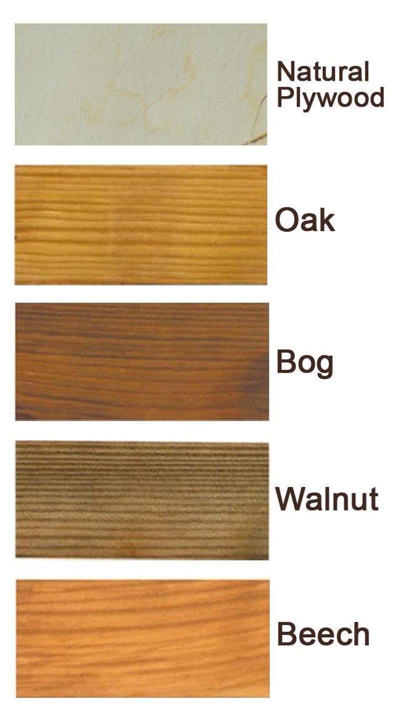 May include: Image showcasing five wood samples with different finishes. The samples are labeled: Natural Plywood, Oak, Bog, Walnut, and Beech. Each sample displays the wood grain and color variations, ranging from light beige to reddish-brown.