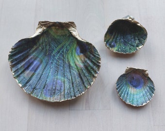 Set of 3 Decoupaged Scallop Shells, Jewellery Dish, Trinket Dish, Valentines Day, Mother's Day, Birthday gift, Bridesmaid gift, Peacock