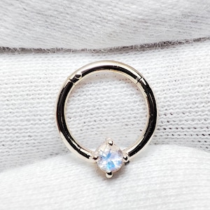 14k Solid Gold Hoop Rings Moonstone Natural Hinged Clicker Lips Rings Cartilage Earring Conch Hoop Helix Hoop Nose Hoop Lobe Hoop 16g Hoop