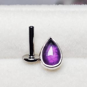 14k Solid White Gold Threadless Amethyst Natural Titanium Post Teardrop Medusa Philtrum Lips Helix Tragus Conch Cartilage Monroe Vertical