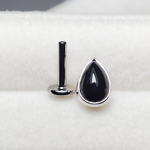14k Solid White Gold Threadless Black Onyx Natural Titanium Post Teardrop Medusa Philtrum Lips Helix Tragus Conch Cartilage Monroe Vertical
