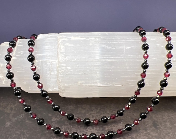 Featured listing image: Energy Shielding Aura Protection - Reiki Charged- Onyx, Garnet & Hematite Healing Intention Necklace- Grounds, Strengthens and Energizes