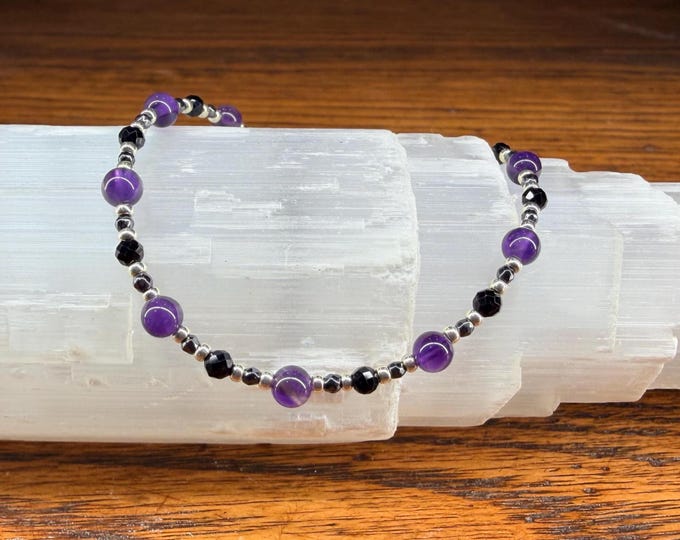 Featured listing image: Minimalist Empath Protection: Amethyst, Black Tourmaline and Hematite Healing Intention Bracelet - Reiki Charged - Keep Negativity Away