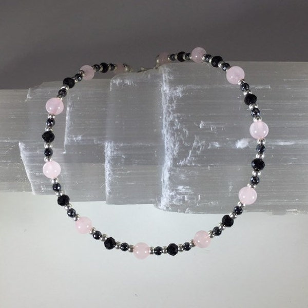 Empath Protection Anklet: Rose Quartz, Black Tourmaline and Hematite Healing Intention Anklet - Reiki Charged - Radiates Love All Around You