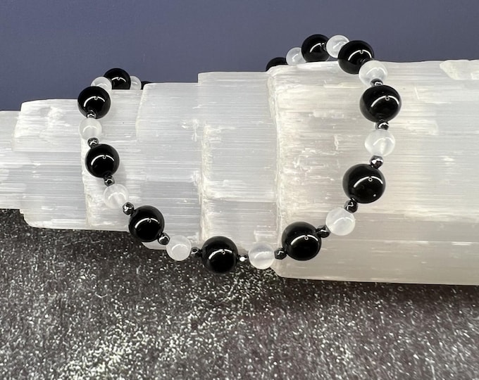 Featured listing image: Holy Grail of Protection: Black Tourmaline, Selenite & Hematite Healing Intention Bracelet - Reiki Charged - Blocks, Deflects and Purifies