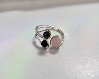 Empath Protection Ring Adjustable: Rose Quartz, Hematite, Black Tourmaline- Reiki Charged - Shields Aura with Divine Loving Energy