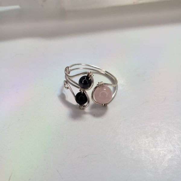 Empath Protection Ring Adjustable: Rose Quartz, Hematite, Black Tourmaline- Reiki Charged - Shields Aura with Divine Loving Energy