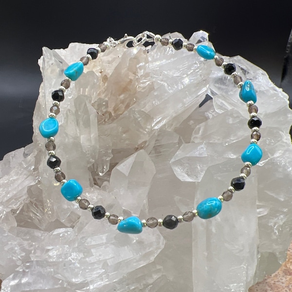 Mood Stabilizing - Turquoise, Smoky Quartz and Black Tourmaline Healing Intention Bracelet - Reiki Charged - Protects Aura from Negativity