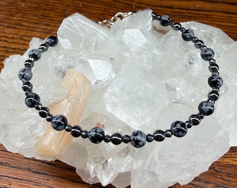 Snowflake Obsidian Hematite Anklet: Calm, Grounding, Purifying Negative Emotions
