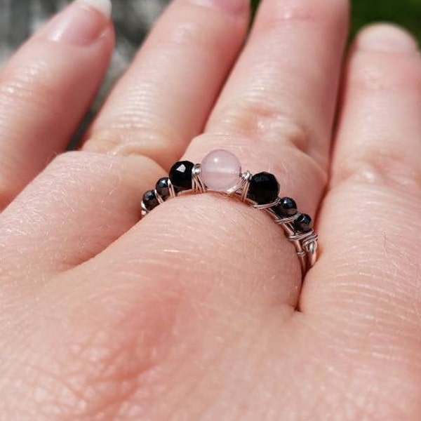 Empath Protection Minimalist Stackable Ring: Rose Quartz, Hematite, Black Tourmaline- Reiki Charged - Shields Aura with Divine Loving Energy