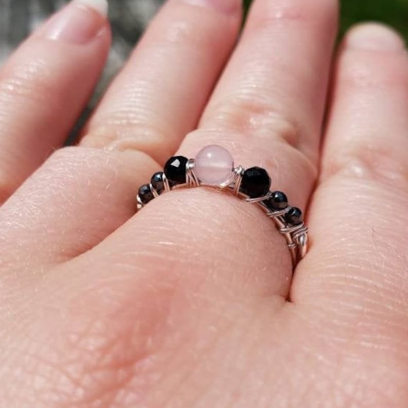 Empath Protection Minimalist Stackable Ring: Rose Quartz, Hematite, Black Tourmaline- Reiki Charged - Shields Aura with Divine Loving Energy 