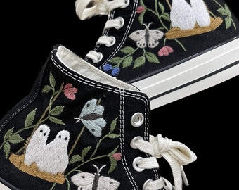 Ghost Embroidered Sneakers, Spooky Floral High Tops