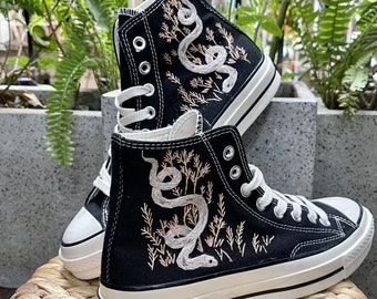 Custom Embroidered Converse High Tops Chuck Taylor 1970s/ Embroidered Snake Converse/ Custom Converse Chuck Taylor Embroidered Snake