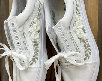 Elegant Embroidered Wedding Sneakers – Custom Floral Vans for Bride with Name & Date