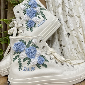 Custom Converse Hydrangea Embroidered Sneakers – Blue Floral Bridal Shoes – Handmade Wedding High Tops