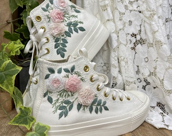 Custom Coverse Platform/Wedding Flowers Embroidered Converse/Bridal Flowers Embroidered Sneakers/Wedding Flowers Embroidered Sneakers/