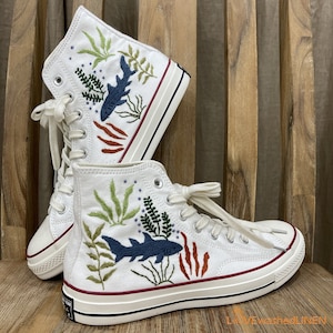 Custom Embroidered High Top Sneakers: Shark Ocean Vibes