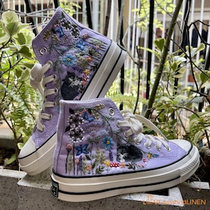 Custom Sneakers Taylor 70s Embroidered/ Cats Summer Garden Flowers Embroidered Shoes/ Embroidered Converse Custom Wedding Flowers