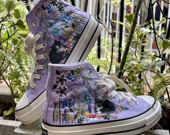 Embroidered Converse Sneakers: Custom Cat & Flower Design