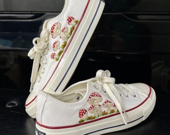 Embroidered Converse/ Custom Converse Chuck Taylor Embroidered Mushrooms/ Flowers Embroidered Converse Low Tops/ Mushrooms Embroidered Shoes