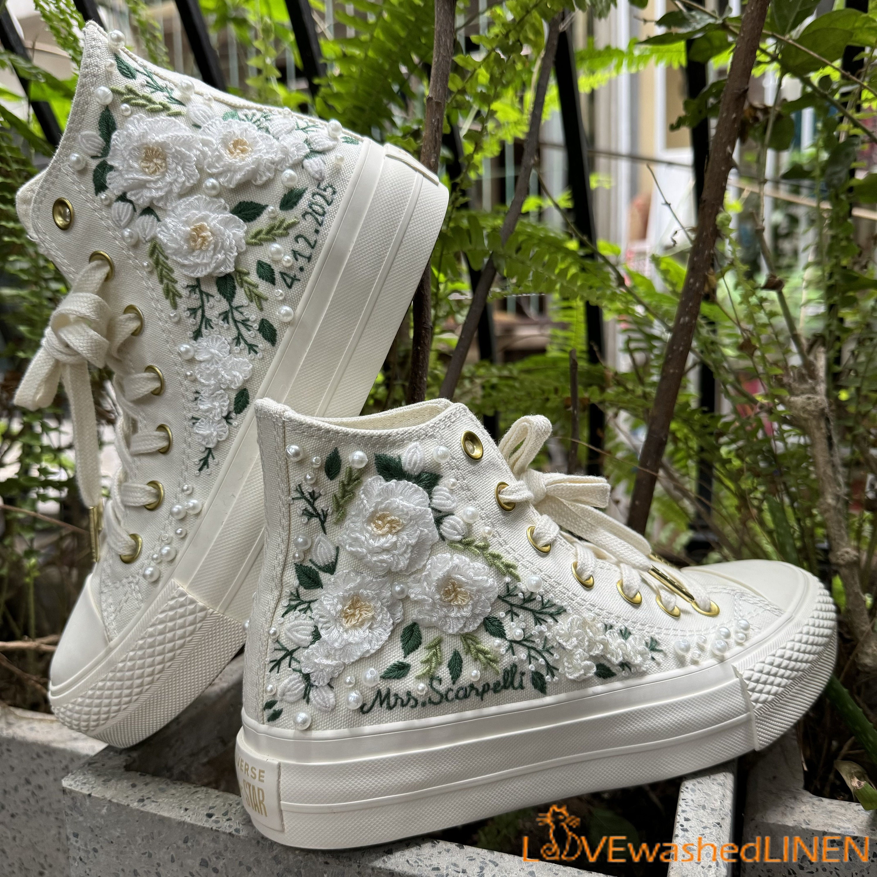 Custom Embroidered Converse Platform Sneakers: Bridal Wedding