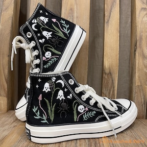 Custom Converse Ghost Embroidered Sneakers – Spooky Halloween High Tops – Gothic Wedding Reception Shoes