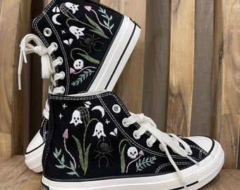 Custom Converse Ghost Embroidered Sneakers – Spooky Halloween High Tops – Gothic Wedding Reception Shoes