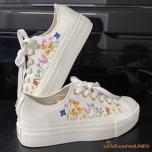 Custom Coverse Platform/ Wedding Flowers Embroidered Converse/ Bridal Flowers Embroidered Sneakers/ Lily of the Valley Embroidered Sneakers