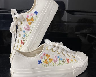 Custom Coverse Platform/ Wedding Flowers Embroidered Converse/ Bridal Flowers Embroidered Sneakers/ Lily of the Valley Embroidered Sneakers