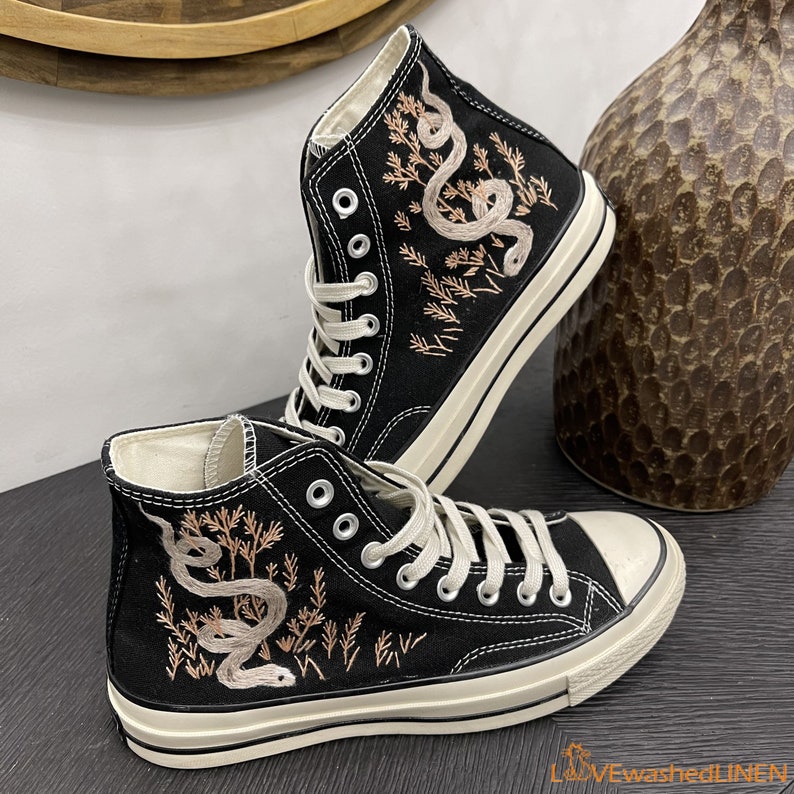 Custom Embroidered Converse High Tops Chuck Taylor 1970s/ Embroidered Snake Converse/ Custom Converse Chuck Taylor Embroidered Snake image 6